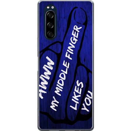 Kompatibelt Mobildeksel til Sony Xperia 5 Mørk typografisk illustrasjon med hjerteform og budskap om vennskap mot dyp blå tretekstur