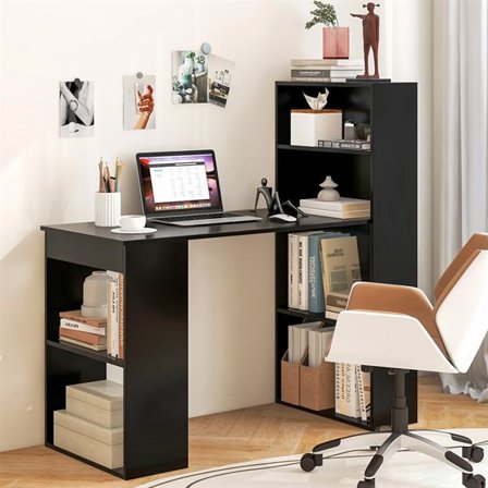 Tietokonepöytä svart, jossa on kirjahylly, irrotettava hylly ja tilava työtaso