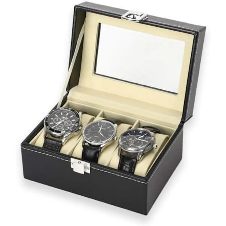 3-rums urkasse i PU-læder med lås, display til opbevaring af ure, urdisplayorganisator, sort