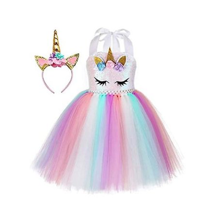 Paljett Enhörningsklänning Kompatibel med Flickor 1-10 år Med Hårband