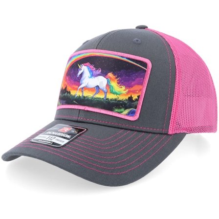 Unicorns - Harmaa trucker Lippis - Big Unicorn Patch 112 Split Charcoal/Neon Pink Trucker @ Hatstore