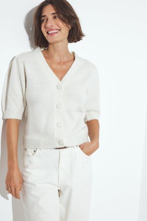 NA-KD Knitted Puff Sleeve Wool Blend Cardigan - Cardigans - OffHvid - XL (EU 46)