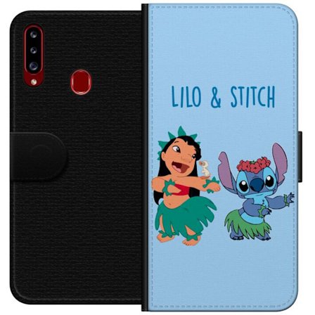 Kompatibel Tegnebogsetui til Samsung Galaxy A20s Farverig illustration af Lilo og Stitch, der danser hula i græsskjorter