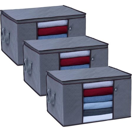 3-pack Extra Stora Förvaringsväskor för Kläder - Väska med Klart Fönster - Vikbar Väska (Grå - 90 Liter)