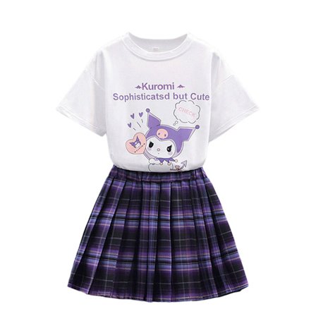 Kuromi Kostyme Barn Jenter Sanrio Tegneserie T-skjorte Plisserte Skjørt Sett Antrekk Kjole Hvit[GPA]