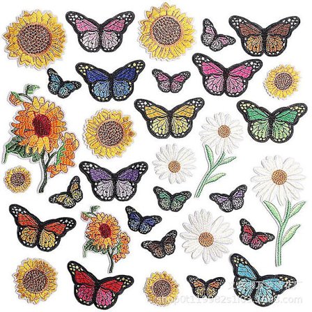 Dww-33 broderade lappar fjäril klistermärken solrosar söt dekal sy på jeans, strykjärn lakan kläder, väskor hatt hantverk (fjäril, solros