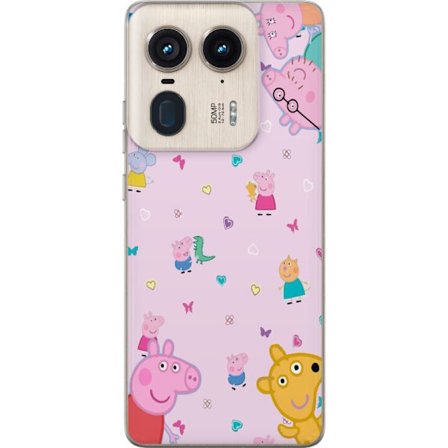 Kompatibelt Mobildeksel til Motorola Edge 50 Ultra Peppa Gris med en baby i armene, mamma gris motiv i fargerik og myk barneillustrasjon med hjerter