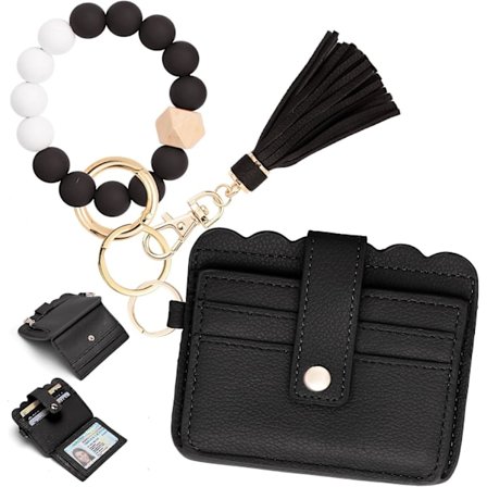 Lommebok-nøkkelring-håndleddsrem for kvinner RFID-kortlomme med nøkkelring, kjede med lomme for kort og dusk for kvinner {Db}