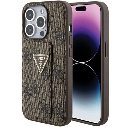 Guess Grip Stand 4G Triangle Strass-etui for iPhone 15 Pro - brun