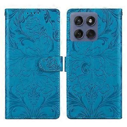 Kompatibel med Motorola Edge 60 Fusion 5G / Edge 60 5G Læder Etui med Præget Blomstermønster Tegnebog Stativ Flip Telefon Cover (Blå)