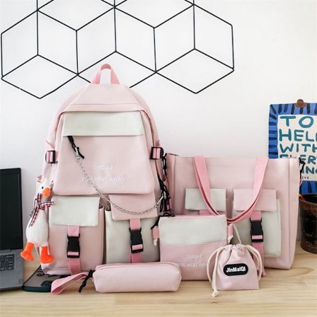 Barneskoleelev skolesekk jente videregående skoleelev skolesekk Mori all-match femdelt sett smussbestandig ryggsekk-rosa