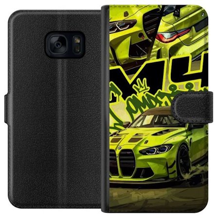 Yhteensopiva Lompakkokotelo Samsung Galaxy S7 Bluey-perhe iloisessa piirrostyyliä kukkaisella taustalla ja leikkisällä väripaletilla