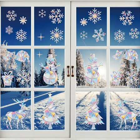 Jouluinen lumiukko Staattiset sateenkaari-ikkunatarrakiinnikkeet, törmäyksenestoikkunatarrat, jotka säästävät lintuja ikkunatörmäyksiltä, läpinäkyvä 