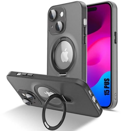Cover til iPhone 15 Plus, stødsikker hård med justerbar magnetisk ringholder og kamerabeskyttelse - gennemsigtig sort