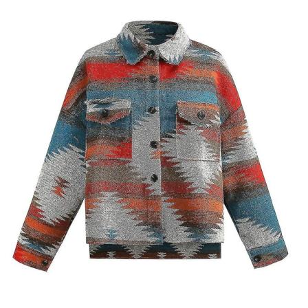 Dam vintage skjorta Aztec Print långärmad jacka Button Down Lapel Loose Coat Red XL
