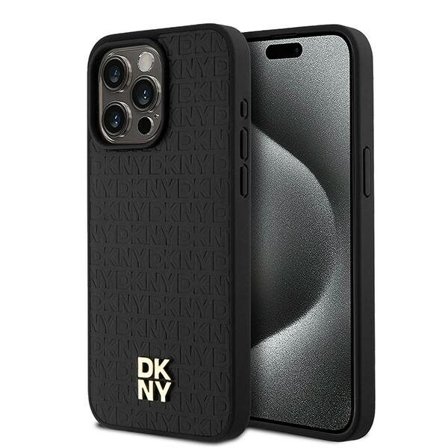 DKNY läderfodral med monogrammönster och metallogo MagSafe-fodral för iPhone 15 Pro Max - Svart