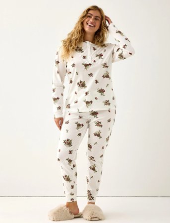 Lindex Henley Pyjama Aop - Cream - M