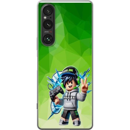 Kompatibelt Mobildeksel til Sony Xperia 1 V Roblox-inspirert gamerfigur med headset, håndkontroll og energiske effekter mot grønn bakgrunn
