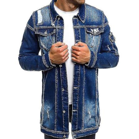 Moderne herre lang ripped denim jakke til forår og efterår L MØRKEBLÅ