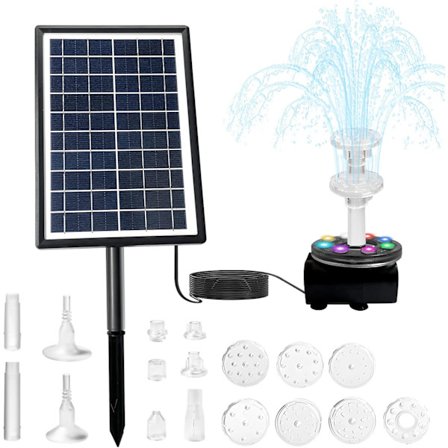 7W Solardrevne Springvand - Dobbelt Solspringvand - Solpumpe til Dam - Indbygget 3000mAh Vandpumpe - Flydende Solpumpe med 10 Springvandsformer til 