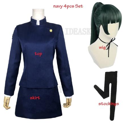 Anime Jujutsu Kaisen Cosplay Kostym Maki Zenin Grön Peruk Top Kjolskor Zenin Maki Halloween Julfest Uniform Män Kvinnor navy 4pcs Set Women S