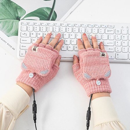 Elvarmehandsker Kvinde Vinter Ny Usb Opladning Opvarmning Halvfinger Flip Uld Strikket tegneserie Internet Varme Handsker