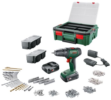 Bosch DIY Universal Drill 18 + SystemBox Skruvdragare med tillbehör, 1,5 Ah batterier och laddare, Maskiner
