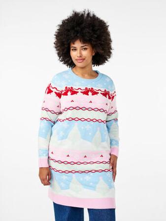 Zizzi Stickad julklänning Blå ( 58-60 ) Stickade klänningar | Kläder i Plus Size