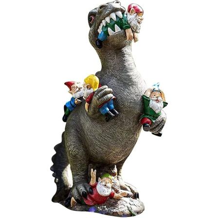 Dinosaurieätande tomte staty dinosaurie ätande dvärgar trädgårdstomte staty stor mun dvärg stor trädgårdstomte massaker dinosauriefoder tomte 