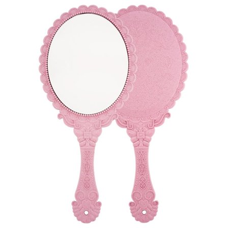Håndspeil med håndtak - Speiloverflate 12 x 10 cm - Plasthåndtak - Rosa - Sminkespeil - Kosmetisk speil - Ovalt speil - Reisespeil - Barbering