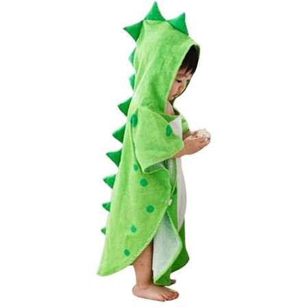 Barnebadehåndkle, dinosaur babyhåndkle med hette grønn L