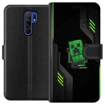 Kompatibel Tegnebogsetui til Xiaomi Xiaomi Redmi 9 Grøn pixelbaseret creeper-lignende spilillustration med futuristiske neon-elementer og mørk tech-