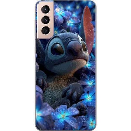 Kompatibel Mobilcover til Samsung Galaxy S21 Stitch i en blå blomsterbed med bløde farver og drømmende Disney-følelse, hvor Stitch sidder omgivet af b