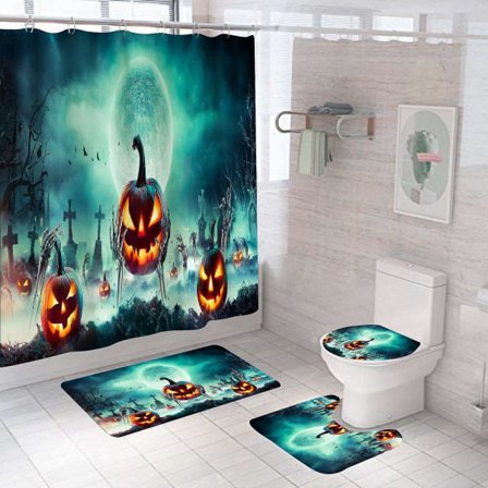 Skräckkyrkogård Halloween duschdraperier, generiska 71" X 71" halloween badrumsdekorationer - Set med mattor, cover