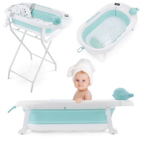 Sammenklappeligt babybadekar med termometer, indsats og stativ - mintfarvet
