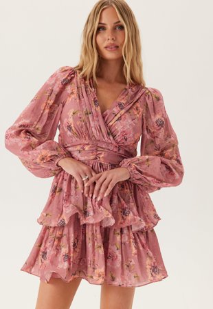 Bubbleroom Occasion Balloon Sleeve Short Flounce Dress Pink/Floral XS