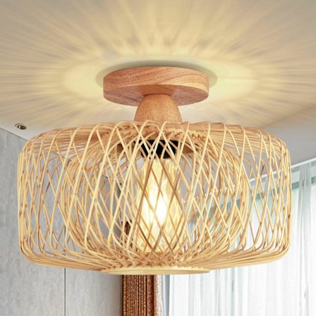 Vintage Bambus Loftslampe - Retro Bambus Træskærm Loftslampe E27 Fatning Boho Rattan Lampe Ø30cm Hængende Lampe