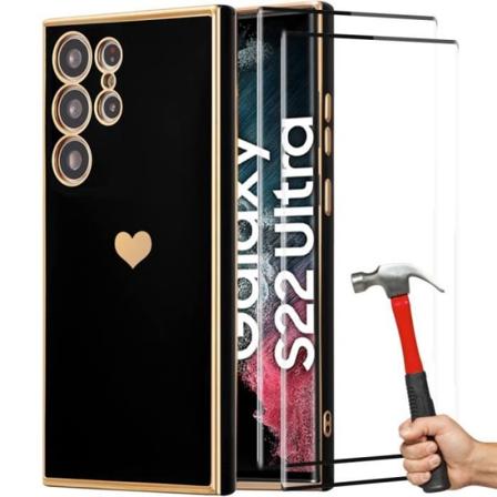 Etui til Samsung Galaxy S22 Ultra TPU sort hjertemønster anti-ridse + 2 beskyttende hærdet briller