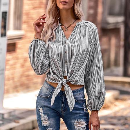 Kvinnor Button Down Tops Tie Tunika Skjorta