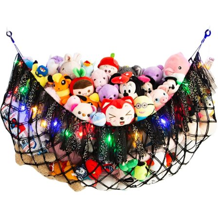 Erittäin suuri pehmoleluhenkari valolla, seinään kiinnitettävä - Pehmolelujen järjestäjä, Boho Macrame riippuva verkko, lastenhuoneeseen - Musta