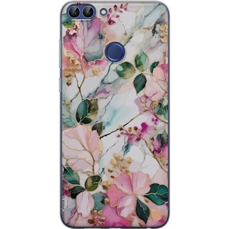 Kompatibel Mobilcover til Huawei P smart Abstrakt marmormønster med blomster, blade og gyldne detaljer i bløde pastelfarver