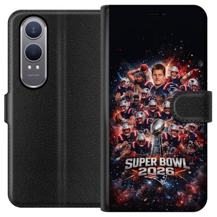 Yhteensopiva Lompakkokotelo OnePlus Nord CE4 Lite Super Bowl 2026 juliste, jossa New England Patriots ja NFL-mestaruuspalkinto räjähtävän urheilullise