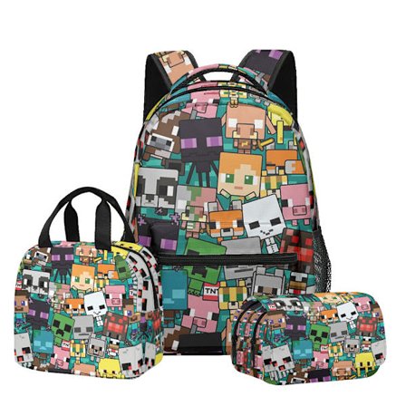 3D Nytt Produkt Minecraft Ryggsekk til Barneskole og Ungdomsskole, Matboks, Dobbelt Lag Pennal, Tredelt Sett