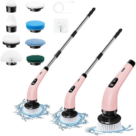 Elektrisk rengøringsbørste, leveres med 8 udskiftelige børstehoveder, LED-display (pink)