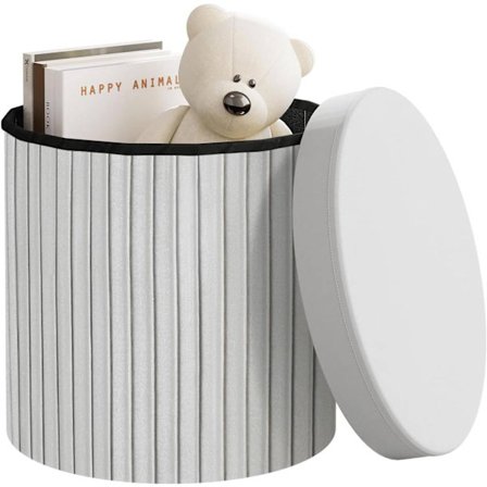 Rootz Rund Velvet Opbevaringsskammel - Puf Ottoman - Cremefarvet/Grå - Skjult opbevaring - Blød polstring - 38 cm x 36 cm - Elegant flæsedesign