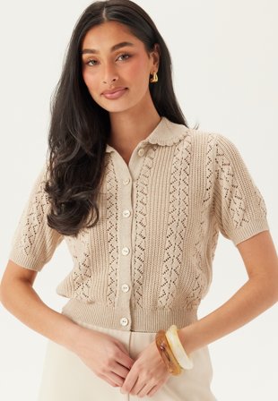 VERO MODA - Vmdaria Ss Poloneck Cardigan - Oatmeal Detail W. Melange - Kläder - - Bubbleroom