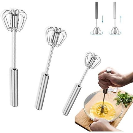 3 stk. Halvautomatisk piskeris, æggepisker i rustfrit stål, manuel piskeris, trykpiskeris, roterende mixer, æggepisker, til madlavning, blanding, 