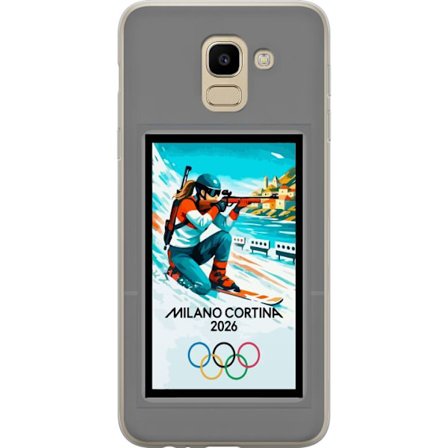 Kompatibelt Mobildeksel til Samsung Galaxy J6 Retroplakat Cortina Milano 2026 med fjell, vintersportsutøvere, italienske trikolor, Milano-katedralen o