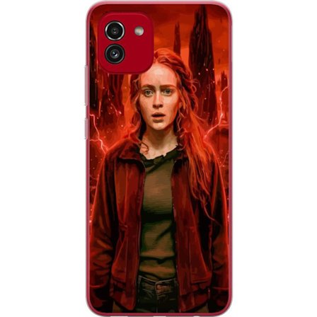 Kompatibelt Mobilskal till Samsung Samsung Galaxy A03 Porträtt av en ung kvinna med rött hår i en apokalyptisk landskap, röda blixtar och mörka k