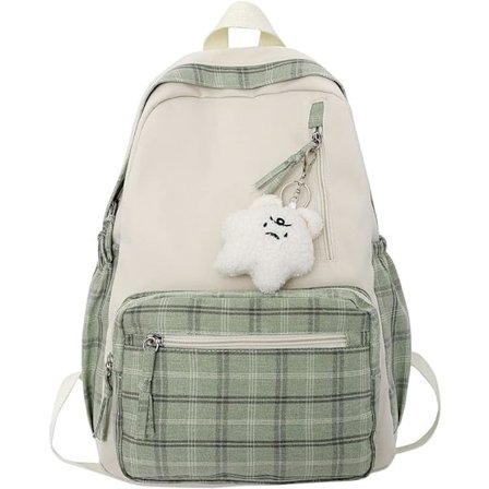 Kawaii Rygsæk med Vedhæng Sød Rygsæk Ternet Æstetisk Rygsæk Skole Tasker til Piger Teenagere Tilbage til Skolen Rygsække(A)